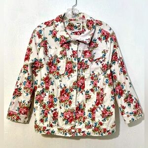 Ethyl -White Floral denim Cottagecore jacket with pink rose print.Size L